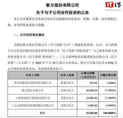 歌爾股份、米哈游、三七互娛聯(lián)合開展5.5556億元創(chuàng)業(yè)投資，企業(yè)自有資金注入新活力